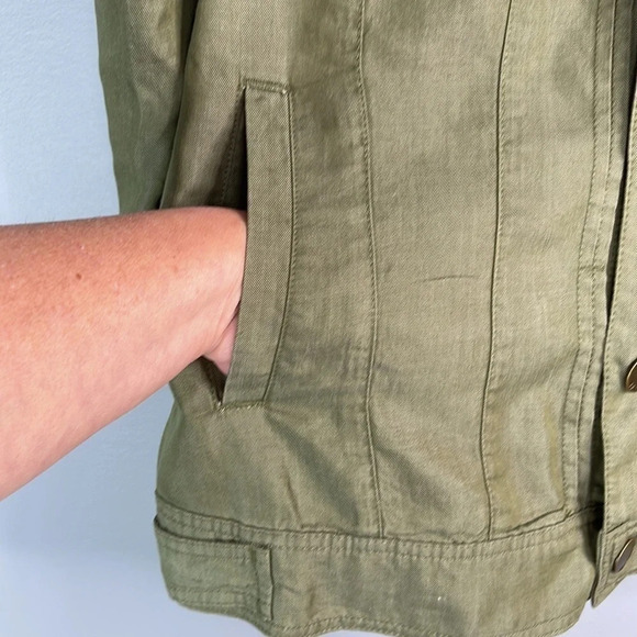 TAHARI Olive Green Lyocell Utility Jacket Button Snap Closure Lightweight Size L - Picture 5 of 14